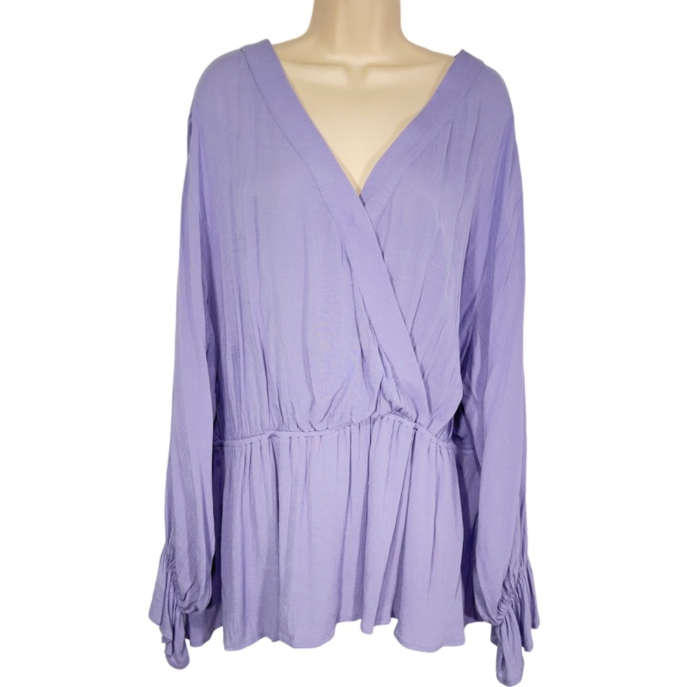 Ava & Viv Lavender Purple Deep V Faux Wrap Boho Gauze Blouse Balloon Sleeves 3X